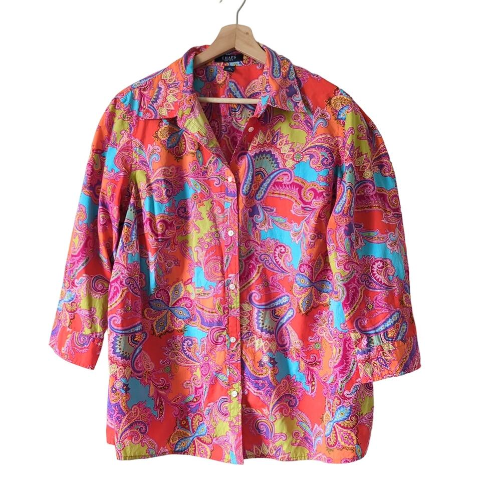 Chaps Womens Top Colorful 1X Blouse‎ Button Down Paisley All Over Print Cotton